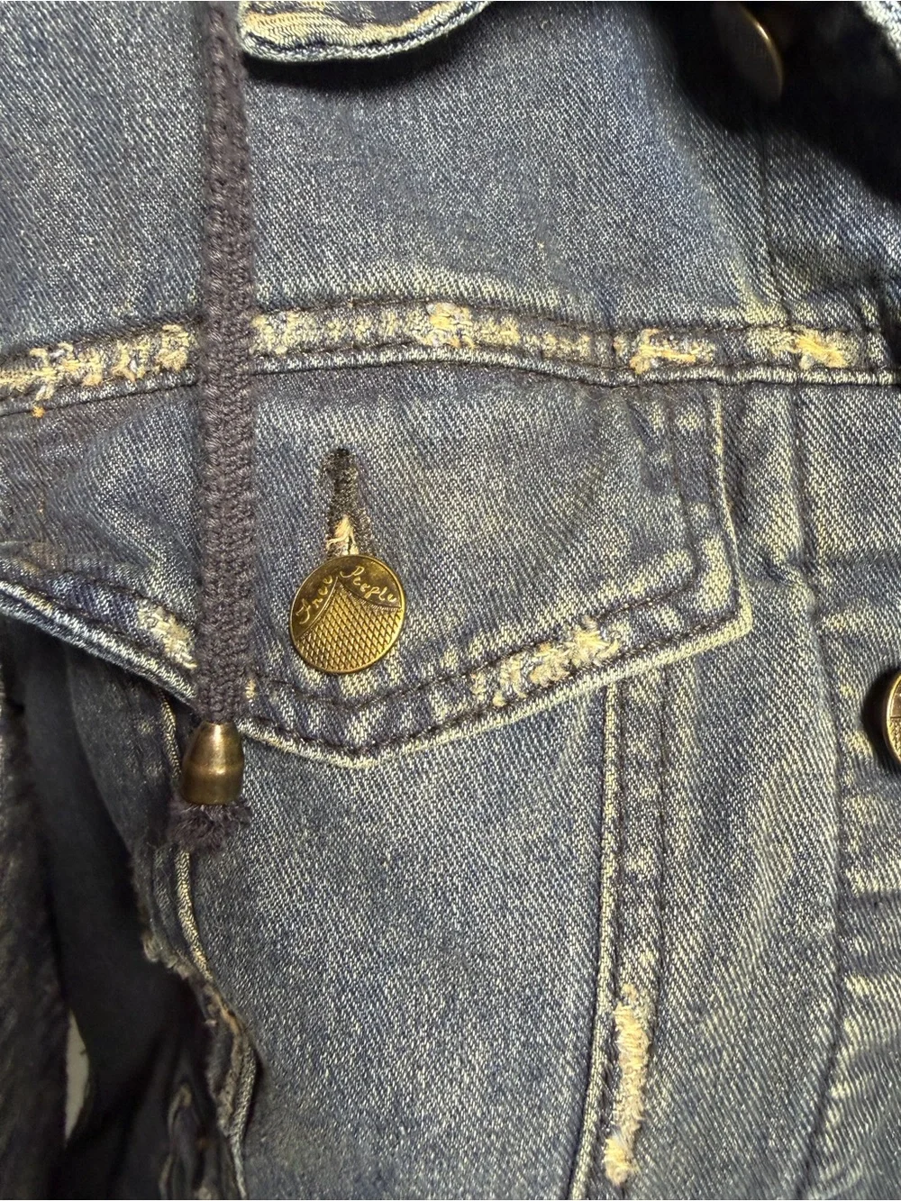 Free People Distressed Denim Jean Jacket W/ Knit Sleeves & Hood